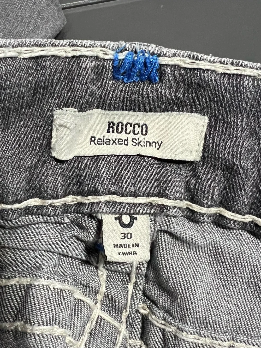 True Religion Rocco Relaxed Skinny Gray White Blue Jeans Mens Size 30